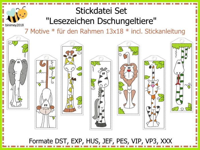 Stickdatei Lesezeichen Dschungel Tiere [Digital]