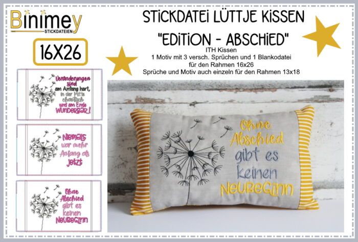 Stickdatei Kleines Kissen ITH - Set Abschied 16x26 [Digital]
