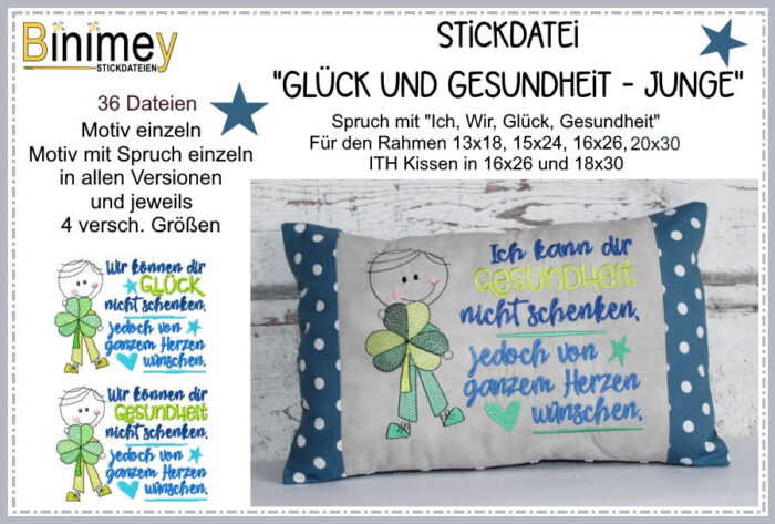 Stickdatei Kissen Glück und Gesundheit - Junge [Digital]