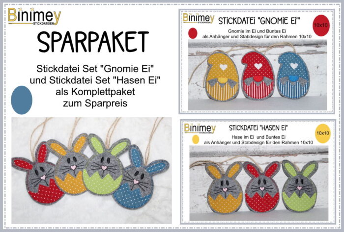 Stickdatei Sparpaket-Anhänger und Stabdesign Hasen Ei und Gnomie Ei [Digital]