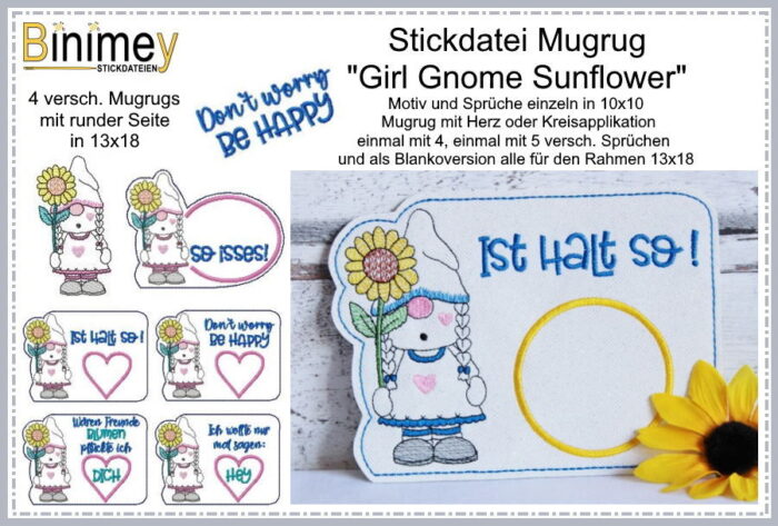 Stickdatei Mugrug Gnomie Girl mit Sonnenblume [Digital]