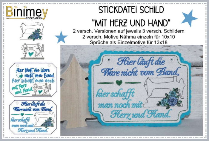Stickdatei Schild "Mit Herz und Hand" [Digital]