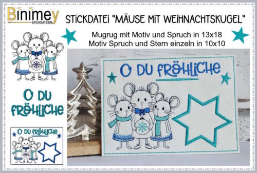 Stickdatei Mugrug und Motiv Mäuse mit Weihnachtskugel [Digital]
