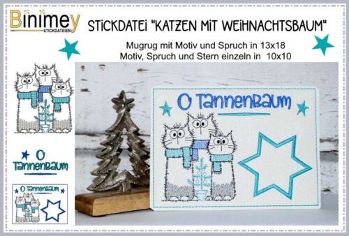 Stickdatei Mugrug und Motiv Katzen mit Weihnachtsbaum [Digital]