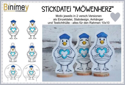 Stickdatei Stabdesign und Anhänger Möwe mit Herz [Digital]