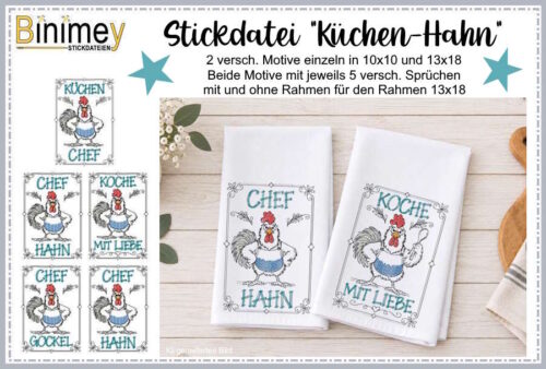 Stickdatei Küchen-Hahn – Lustige Hähne mit Sprüchen [Digital]